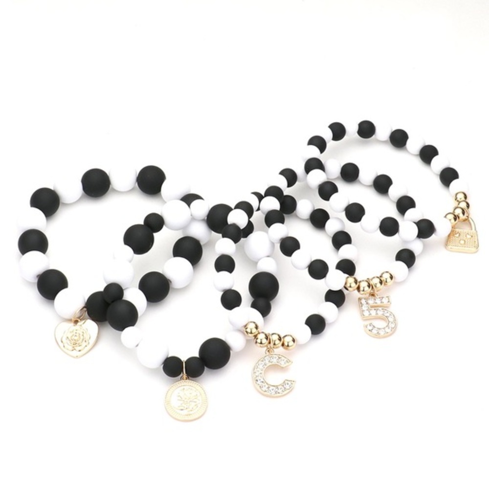 5 piece black white gold stretch beaded lock and key charm bracelet - Picture 2 of 3